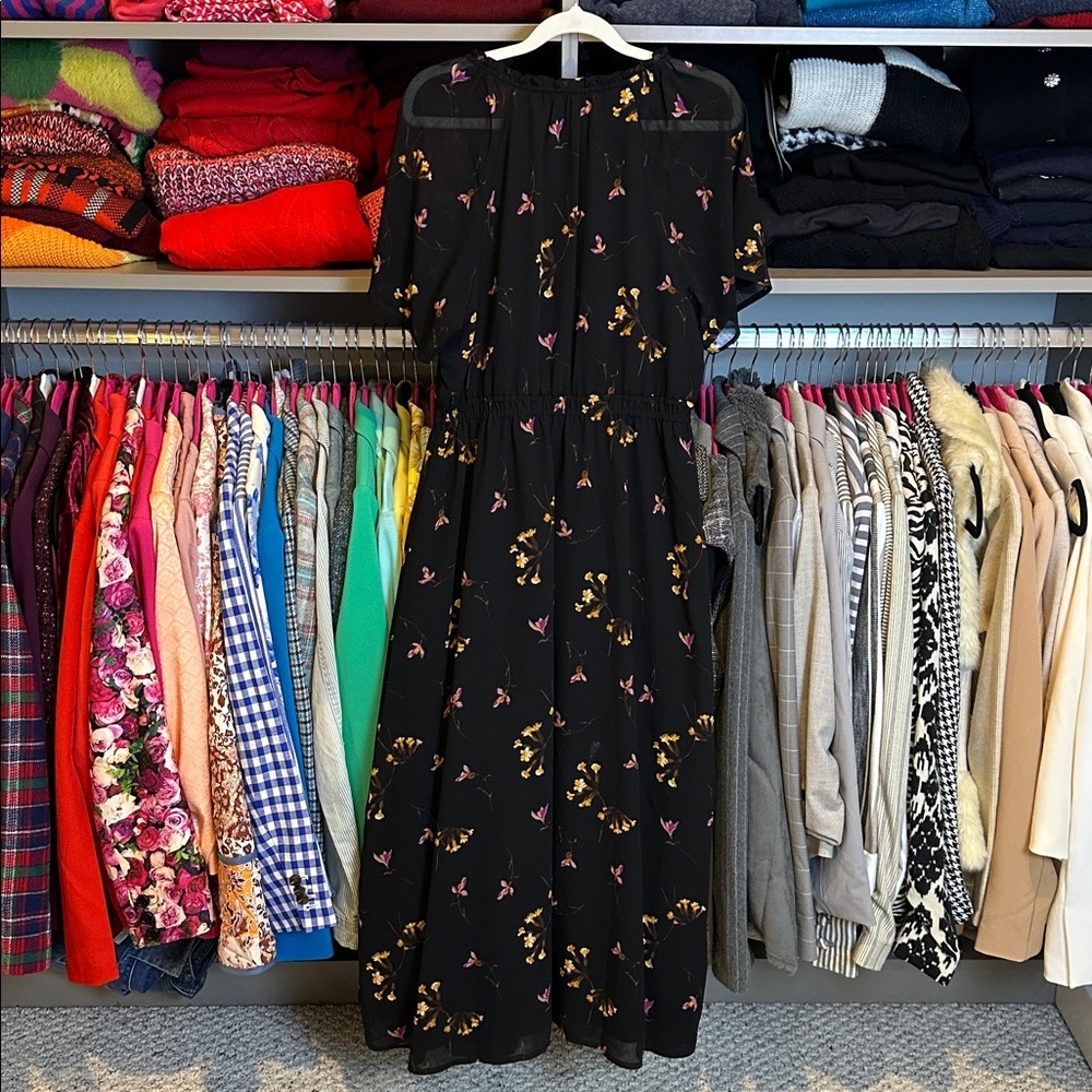 Madewell black/purple/yellow floral shirt sheer sleeve lined midi dress size M - Picture 3 of 4